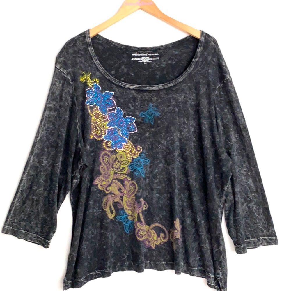Westbound Floral embellished jeweled top, Size 2X